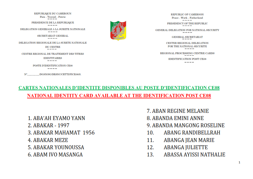 Liste des Cartes Nationales d'Indentités (CNI) disponibles au poste d'identification du Centre