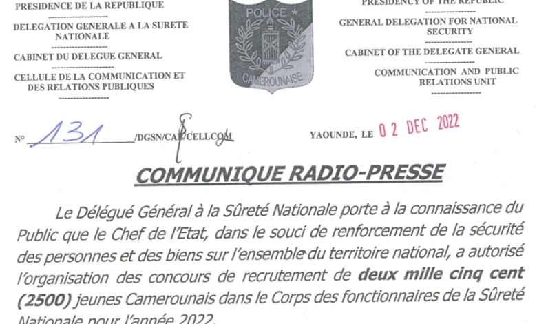 Lancement Concours de Recrutement des 500 Recrutement des Elèves Inspecteur de Police 2023 au Cameroun