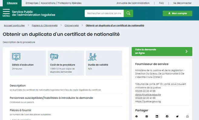 obtention des duplicatas de votre certificat de nationalité en ligne au Togo en 2023